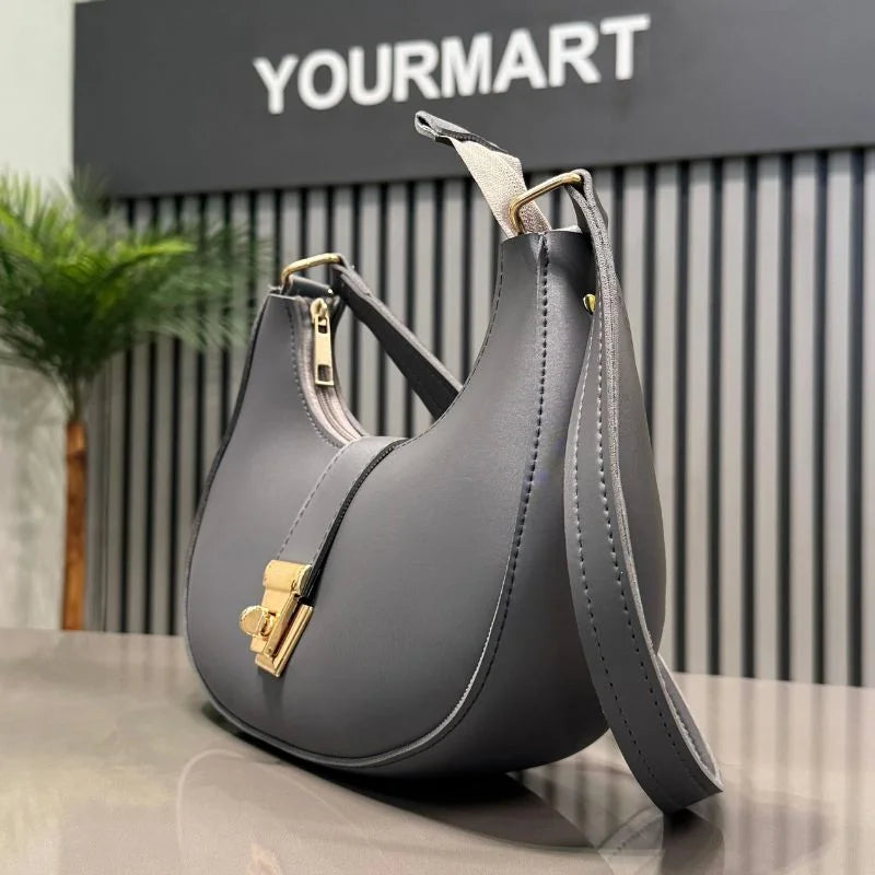 Crescent Luxury Faux Leather Shoulder Bag | Dark Gray Elegant Handbag for Women