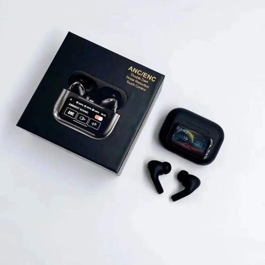 Black A9 Pro ANC Bluetooth 5.4 Wireless Earbuds with Smart Screen and Active Noise Cancellation