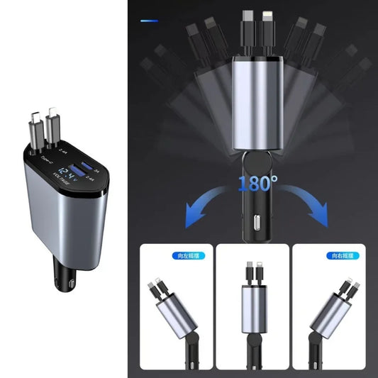 4-in-1 Retractable Car Charger | Dual USB & USB-C PD Fast Charging, 100W