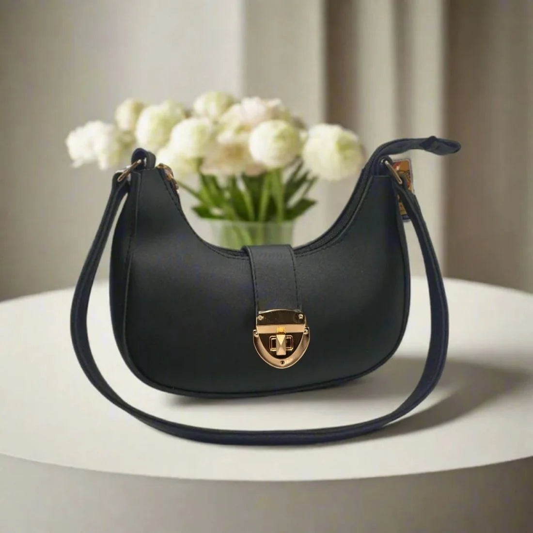 Crescent Leather Luxury Shoulder Bag for Women | Black
