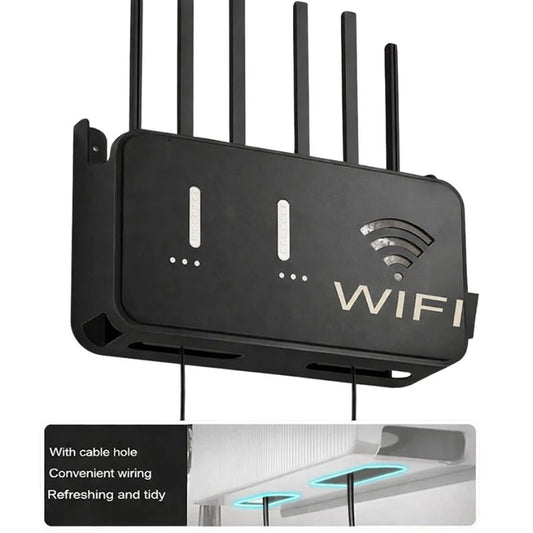 Black WiFi Router Storage Box & Wall Mount Shelf Universal Cable Organizer | Space-Saving Holder for Modem, Set-Top Box & Smart Devices | Home & Office Use