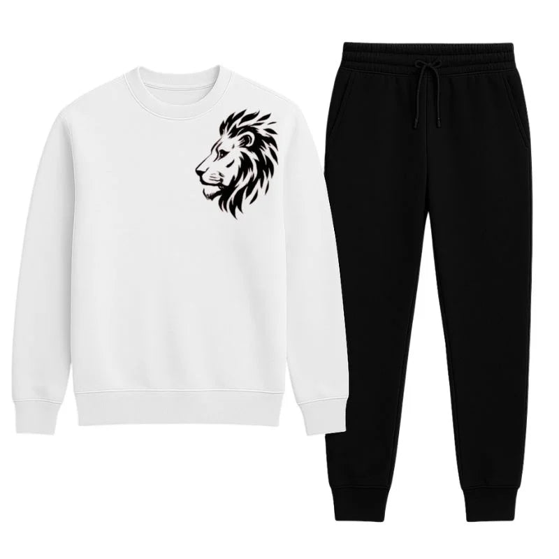 LION Printed White Tracksuit Sweatshirt & Trouser | Warm & Comfortable Winter Wear | Medium