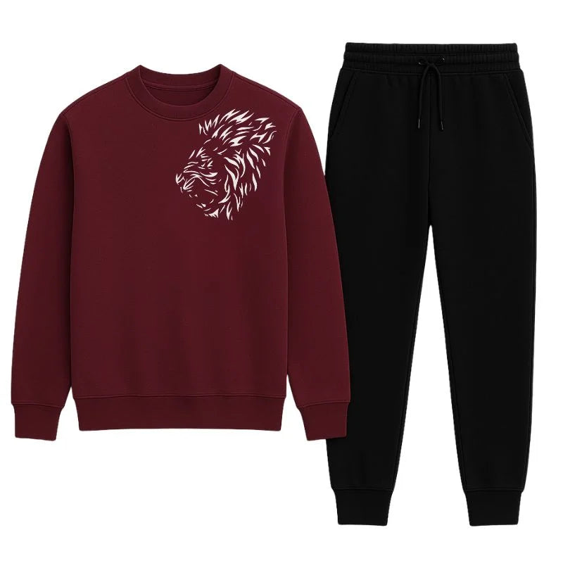 LION Printed Maroon Tracksuit Sweatshirt & Trouser | Warm & Comfortable Winter Wear | Medium