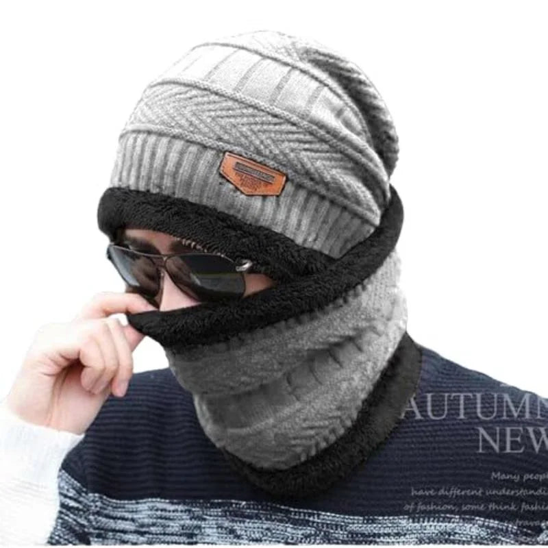 Winter Wool Cap with Neck Warmer Set | Thermal Beanie & Scarf Combo for Men and Women | Gray