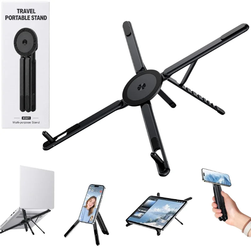 3-in-1 Magnetic Foldable Stand |Model K001 | Aluminum Alloy Phone laptop & Tablet Holder | 8-Level Adjustable Height | 360° Rotating Base | Portable Travel Stand