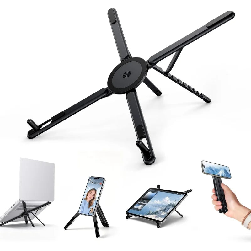 3-in-1 Magnetic Foldable Stand |Model K001 | Aluminum Alloy Phone laptop & Tablet Holder | 8-Level Adjustable Height | 360° Rotating Base | Portable Travel Stand