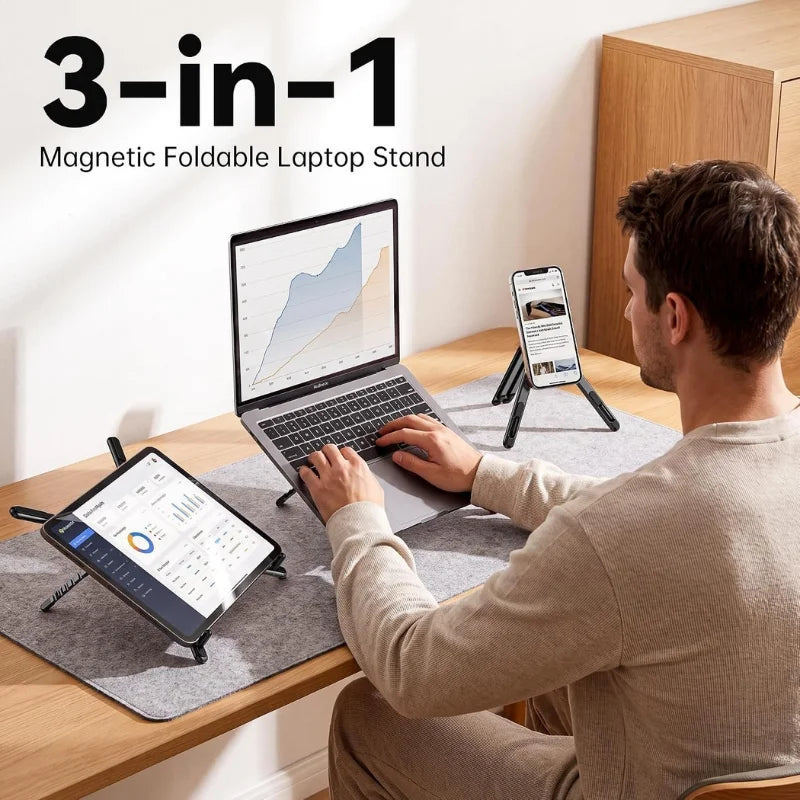 3-in-1 Magnetic Foldable Stand |Model K001 | Aluminum Alloy Phone laptop & Tablet Holder | 8-Level Adjustable Height | 360° Rotating Base | Portable Travel Stand
