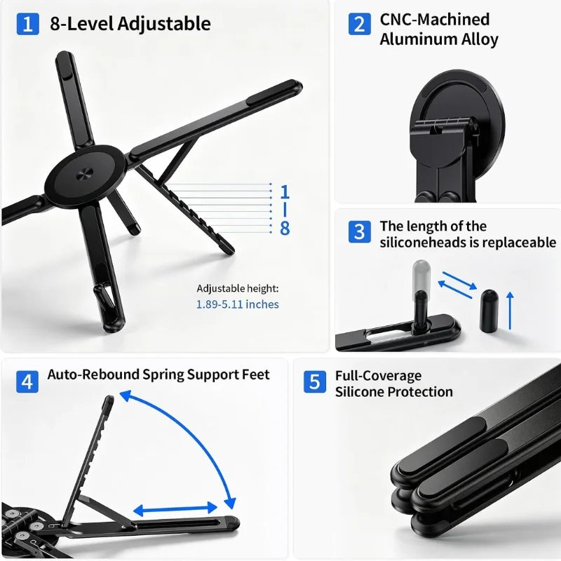 3-in-1 Magnetic Foldable Stand |Model K001 | Aluminum Alloy Phone laptop & Tablet Holder | 8-Level Adjustable Height | 360° Rotating Base | Portable Travel Stand