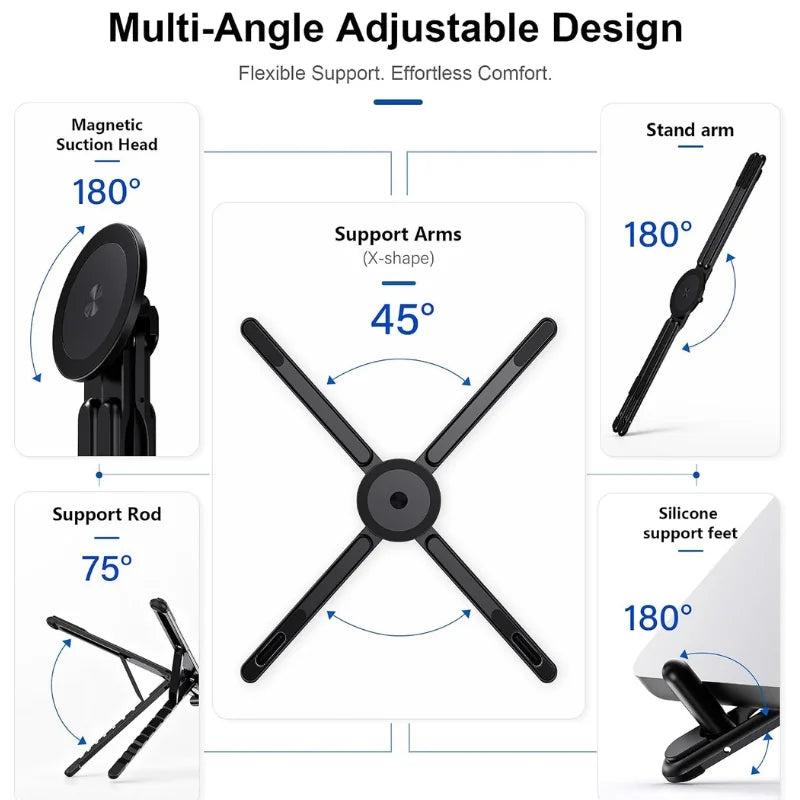 3-in-1 Magnetic Foldable Stand |Model K001 | Aluminum Alloy Phone laptop & Tablet Holder | 8-Level Adjustable Height | 360° Rotating Base | Portable Travel Stand