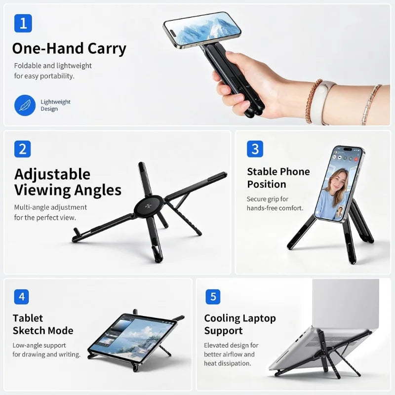 3-in-1 Magnetic Foldable Stand |Model K001 | Aluminum Alloy Phone laptop & Tablet Holder | 8-Level Adjustable Height | 360° Rotating Base | Portable Travel Stand