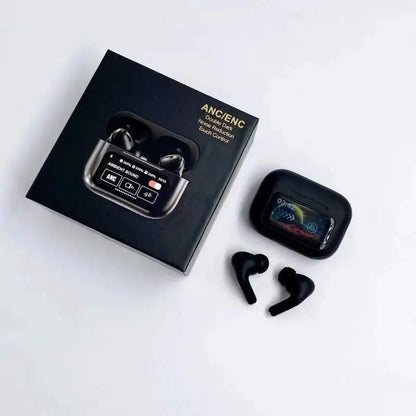 Black A9 Pro ANC Bluetooth 5.4 Wireless Earbuds with Smart Screen and Active Noise Cancellation