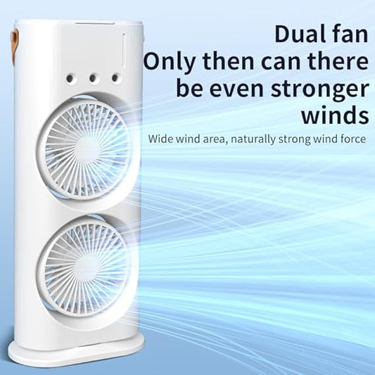 Mini Double Head Mist Fan with LED Light & Humidifier | Portable USB Air Cooler for Home Office Travel