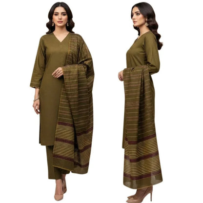 Winter Sussi Silk 3-Piece Suit for Women | Unstitched Plain Shirt & Trouser | Heavy Winter Sussi Shawl |  Olive Green