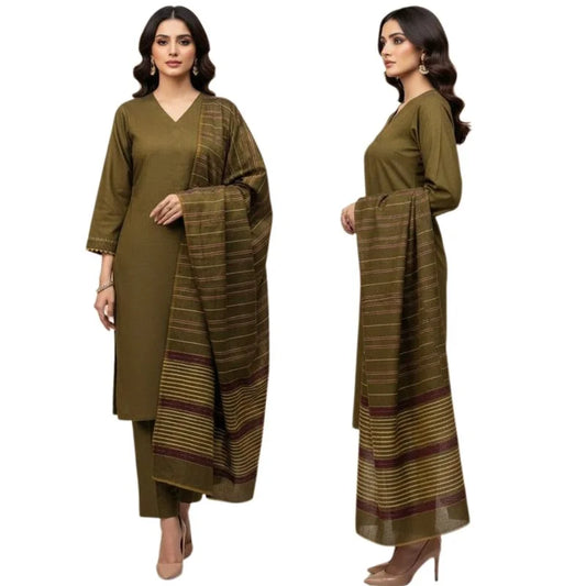 Winter Sussi Silk 3-Piece Suit for Women | Unstitched Plain Shirt & Trouser | Heavy Winter Sussi Shawl |  Olive Green
