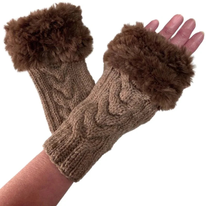 Women’s Faux Fur Fingerless Knitted Gloves | Warm Winter Hand Wrist Warmers | Soft, Stylish & Comfortable | Brown