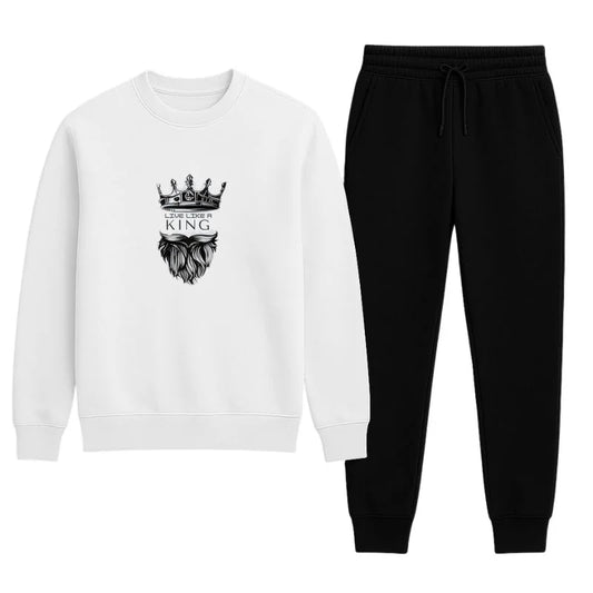 KING Printed White Tracksuit Sweatshirt & Trouser | Warm & Comfortable Winter Wear | XL