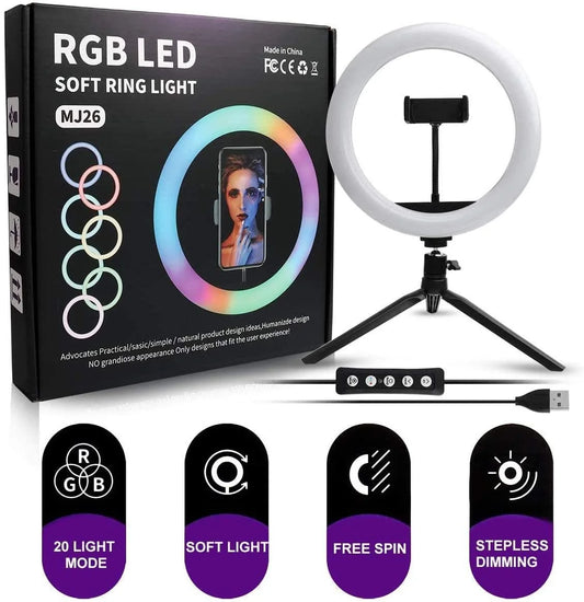 MJ26 RGB LED Ring Light 26cm with Tripod, Phone Holder & 360° Color Modes
