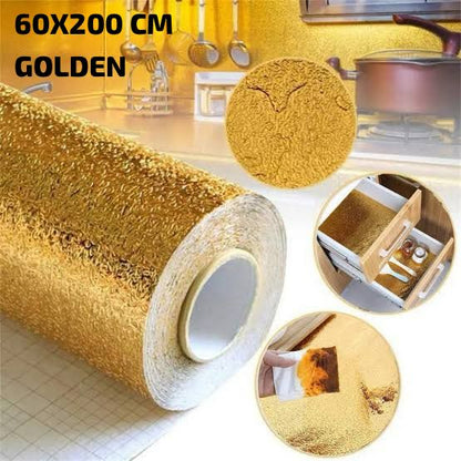 Golden Foil Kitchen Wallpaper Sticker | 60×200cm | Peel & Stick Aluminum Foil Wall Covering | Oil-Proof, Waterproof & Heat-Resistant Decor